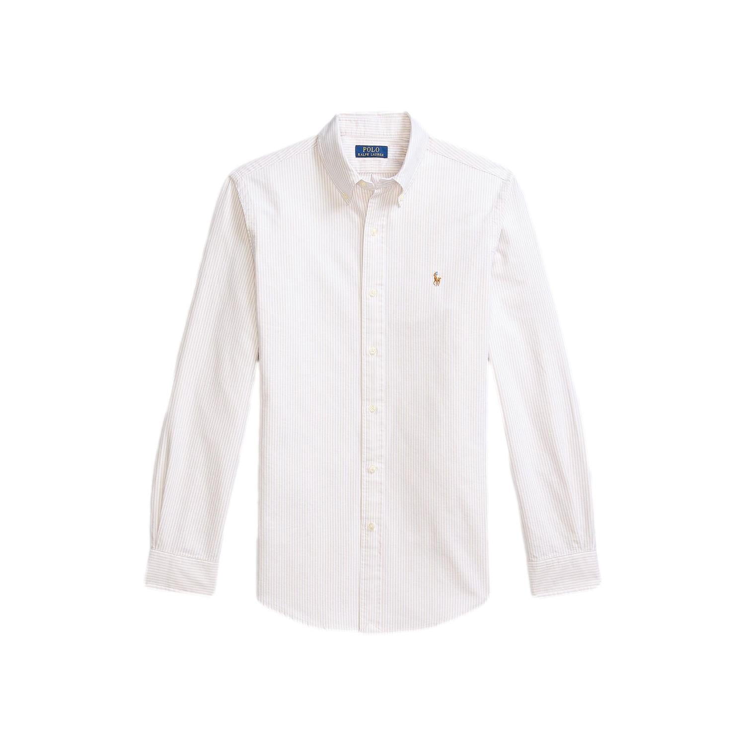 Lys-beige Polo Ralph Lauren Custom Fit stripet Oxford skjorte med knappeknapper og klassisk krage, for en elegant og avslappet stil.
