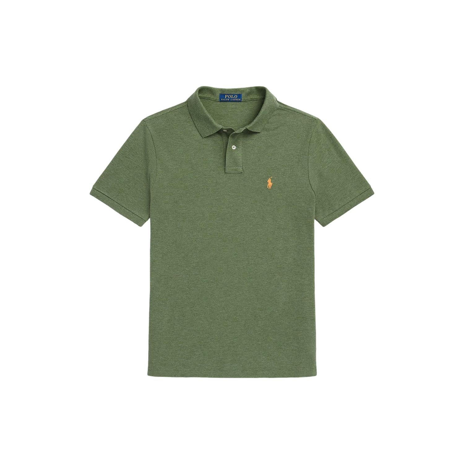 Grønn Polo Ralph Lauren mesh polo skjorte i slim fit, vises med klassisk krage og knappelukking, moderne og stilfull.