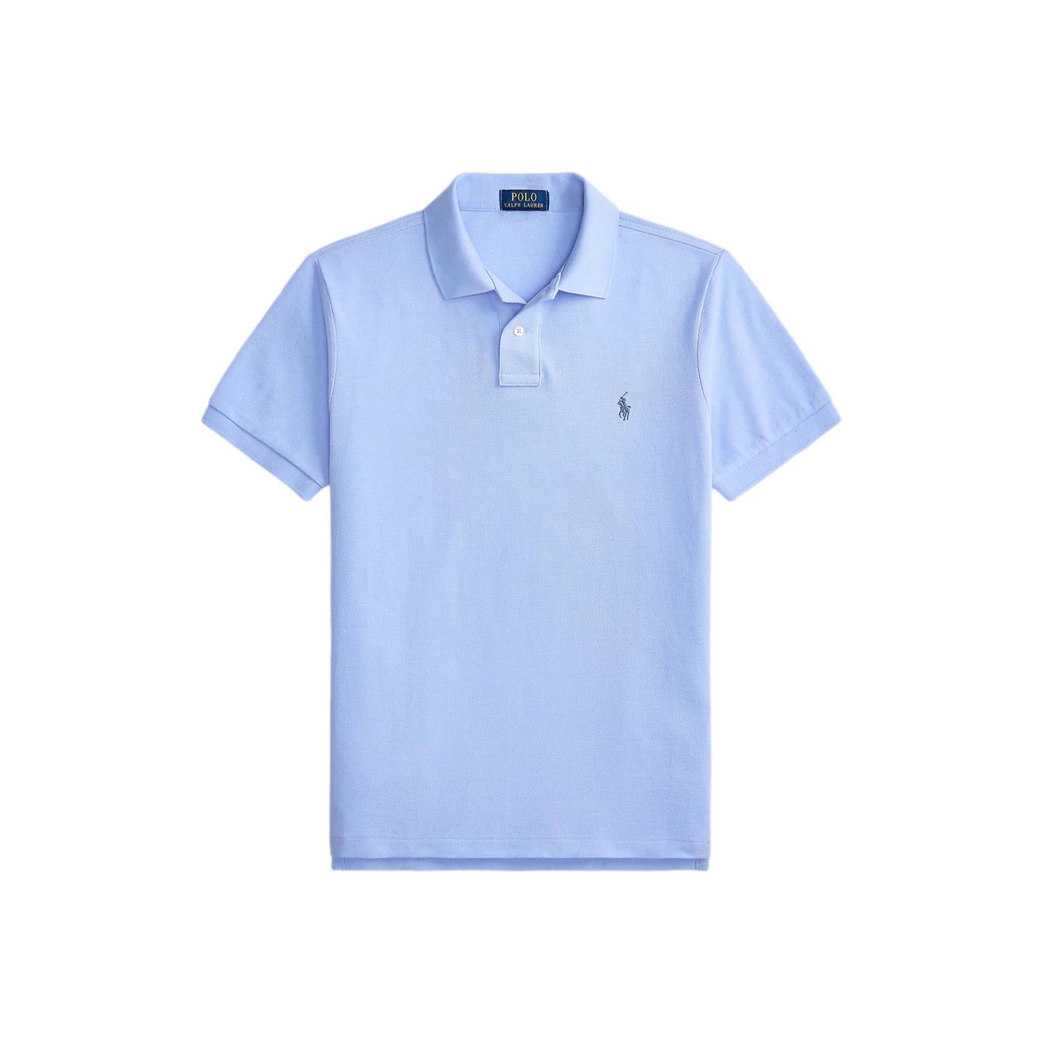 Lyseblå Polo Ralph Lauren slim fit mesh T-skjorte med klassisk krage og logo-trykk foran, laget av pustende stoff.