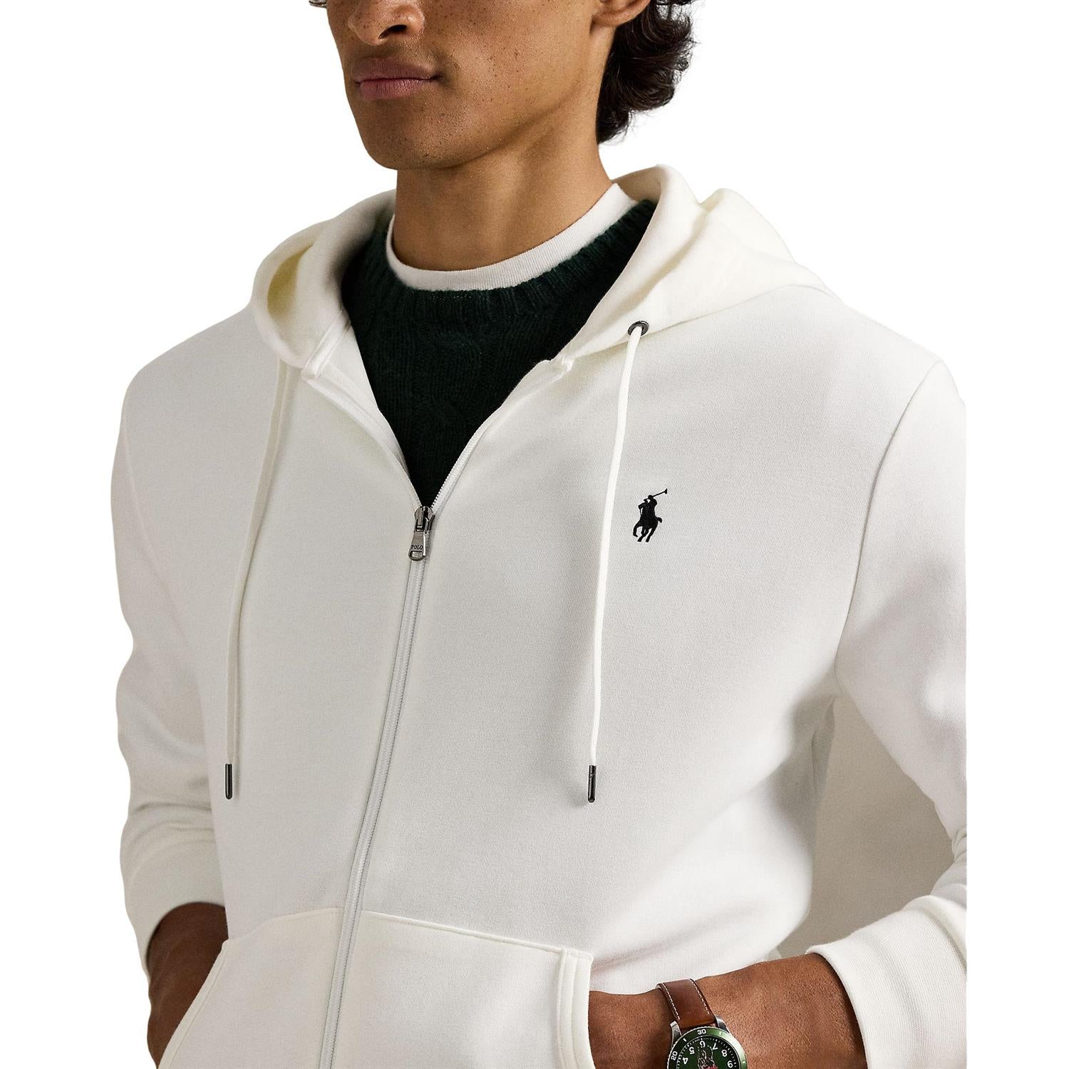 Hvit Polo Ralph Lauren full-zip hoodie i dobbeltstrikket bomull, komfortabel genser med glidelås og ribbede detaljer
