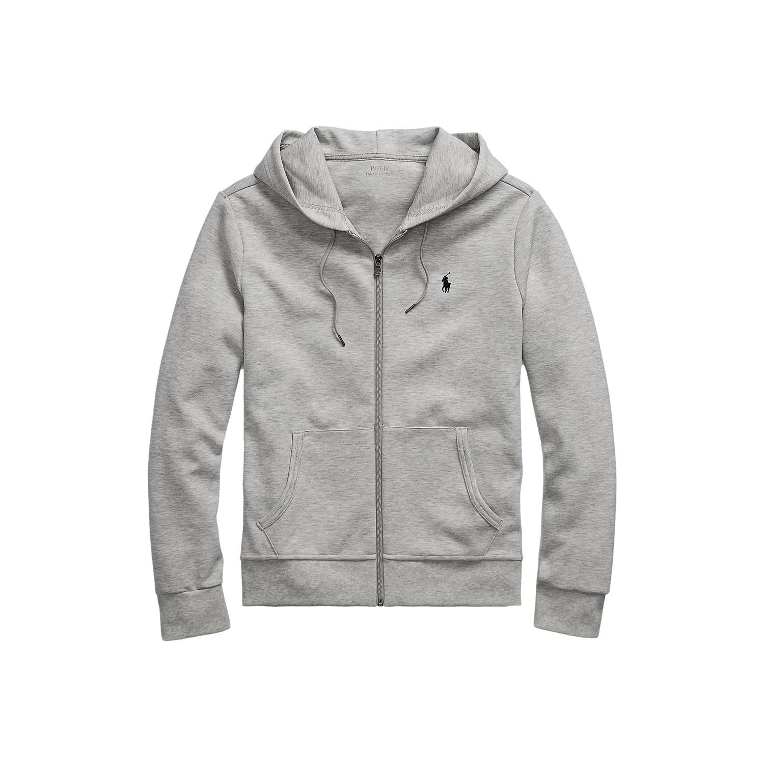 Grå Polo Ralph Lauren dobbeltnøstet full-zip hoodie av genser med glidelås, vist på modell.