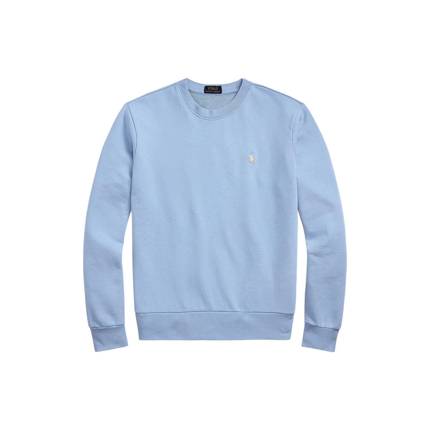 Blå langermet sweatshirt fra Polo Ralph Lauren med rund hals og logo på brystet, vist på en modell.