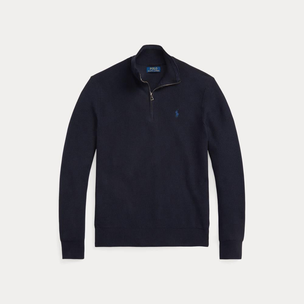 Marinefarget polo Ralph Lauren genser i meshstrikket bomull med quarter-zip-åpning, casual og komfortabelt.