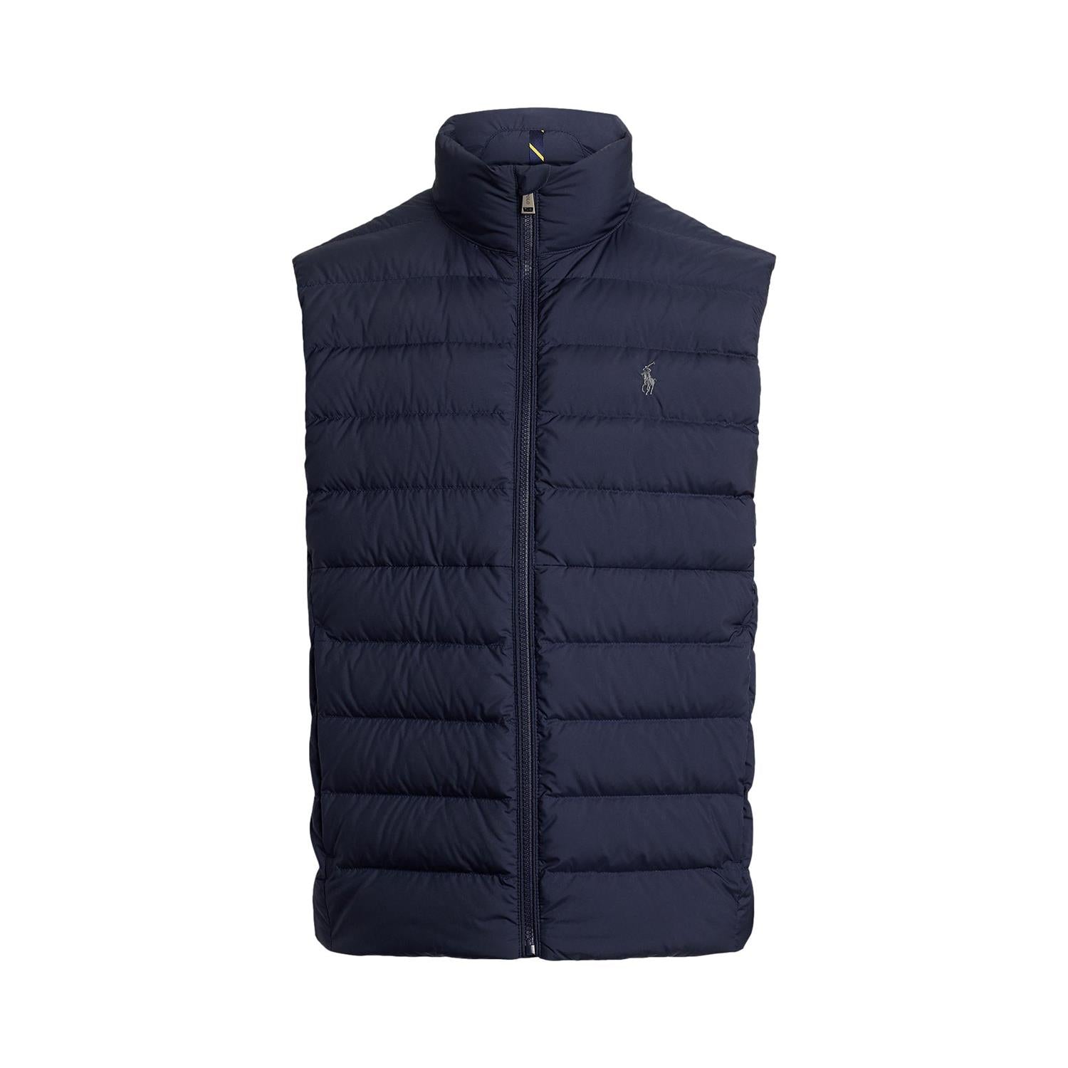 Marine blå Polo Ralph Lauren Colden dunvest med pakkbar design, varm og lett, vist fra siden.