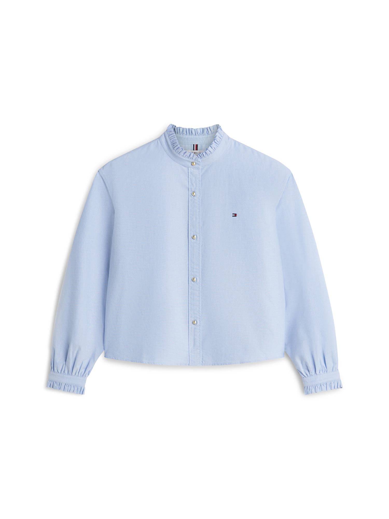 Tommy Hilfiger Oxford Crop Ruffle langermet skjorte i midnattblå med krage og rysjer, for en elegant og avslappet stil.