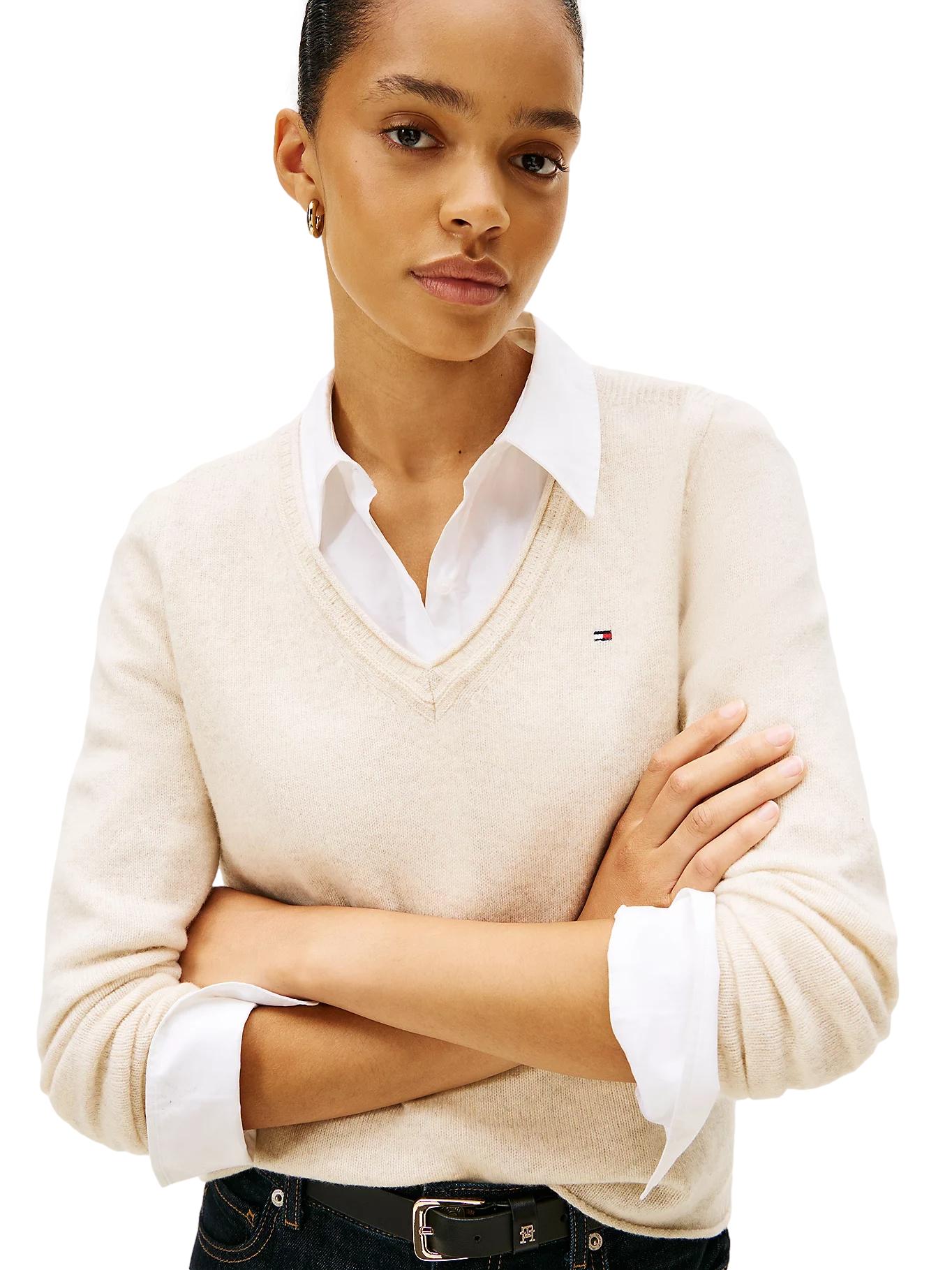 Tommy Hilfiger V-Neck Soft Wool Jumper Genser Lys-Beige - chrismoa.no