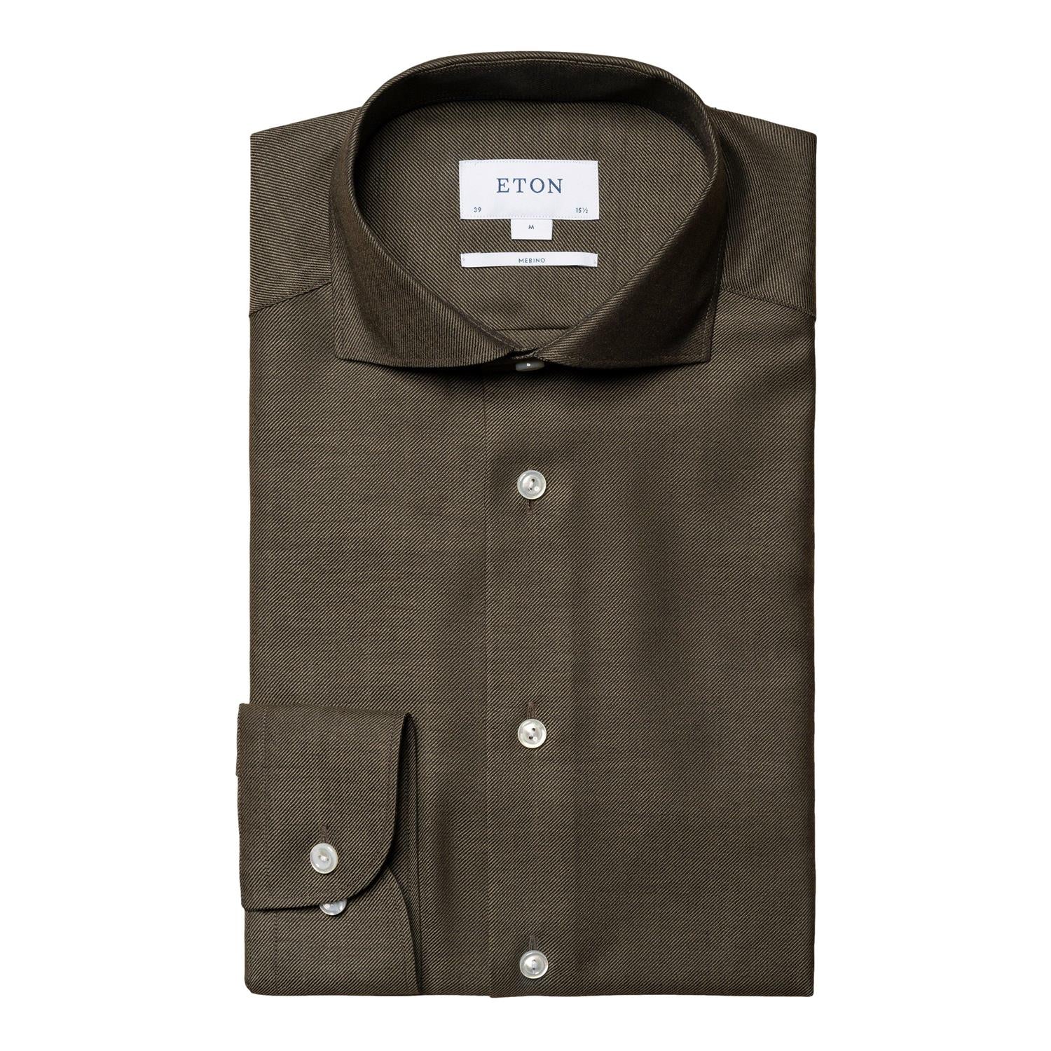 Eton Dark Brown Merino Shirt Skjorte Mørkegrønn - chrismoa.no