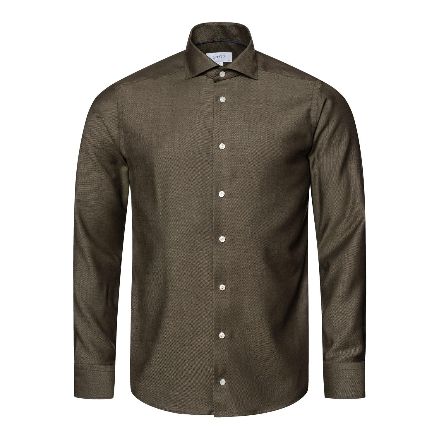 Eton Dark Brown Merino Shirt Skjorte Mørkegrønn - chrismoa.no