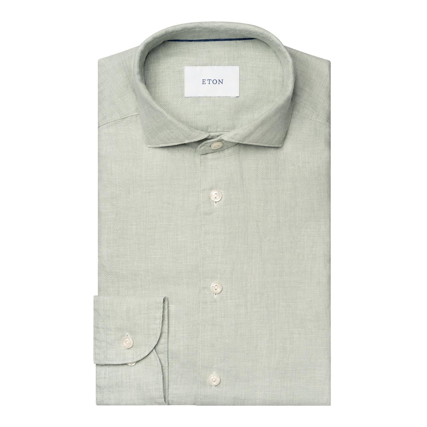 Eton Mid Green Solid Twill Linen Shirt Slim Fit Skjorte Grønn