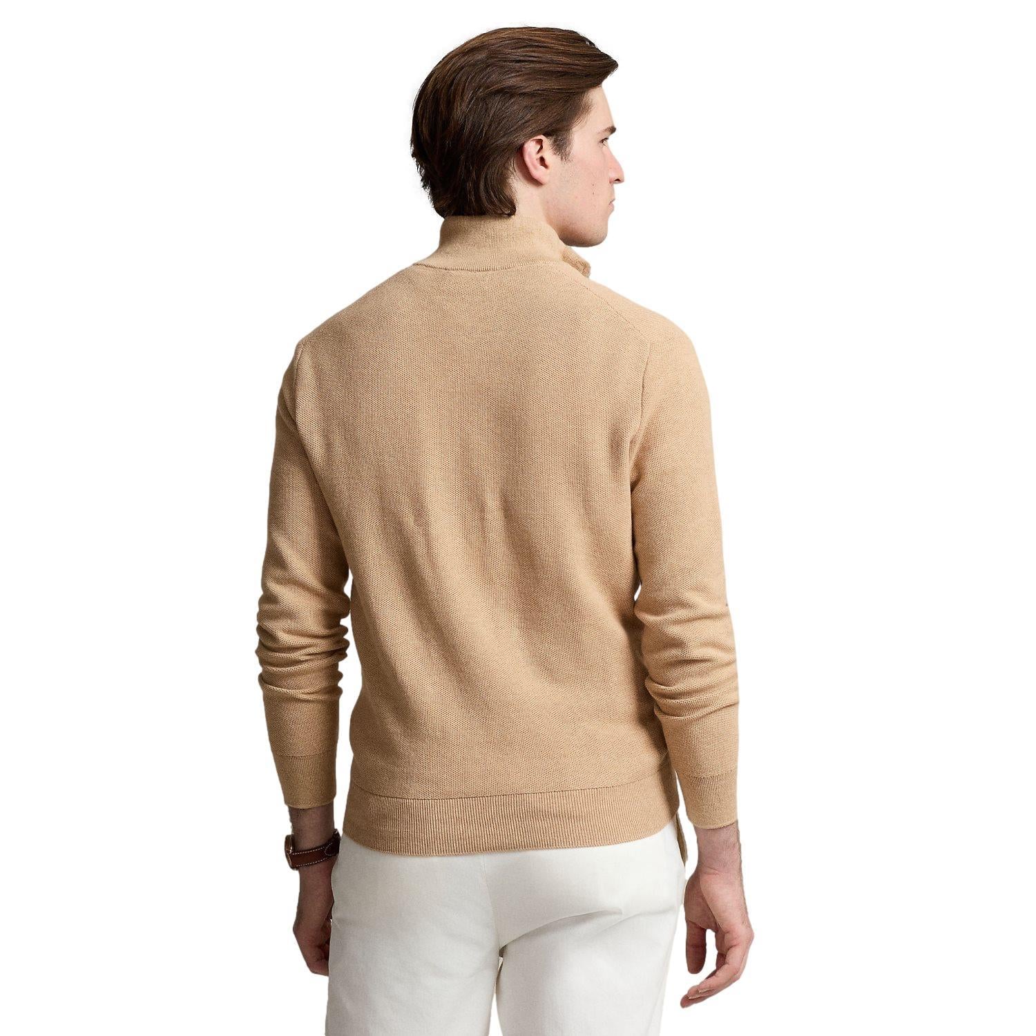 Polo Ralph Lauren Mesh-Knit Cotton Quarter-Zip Sweater Genser Camel