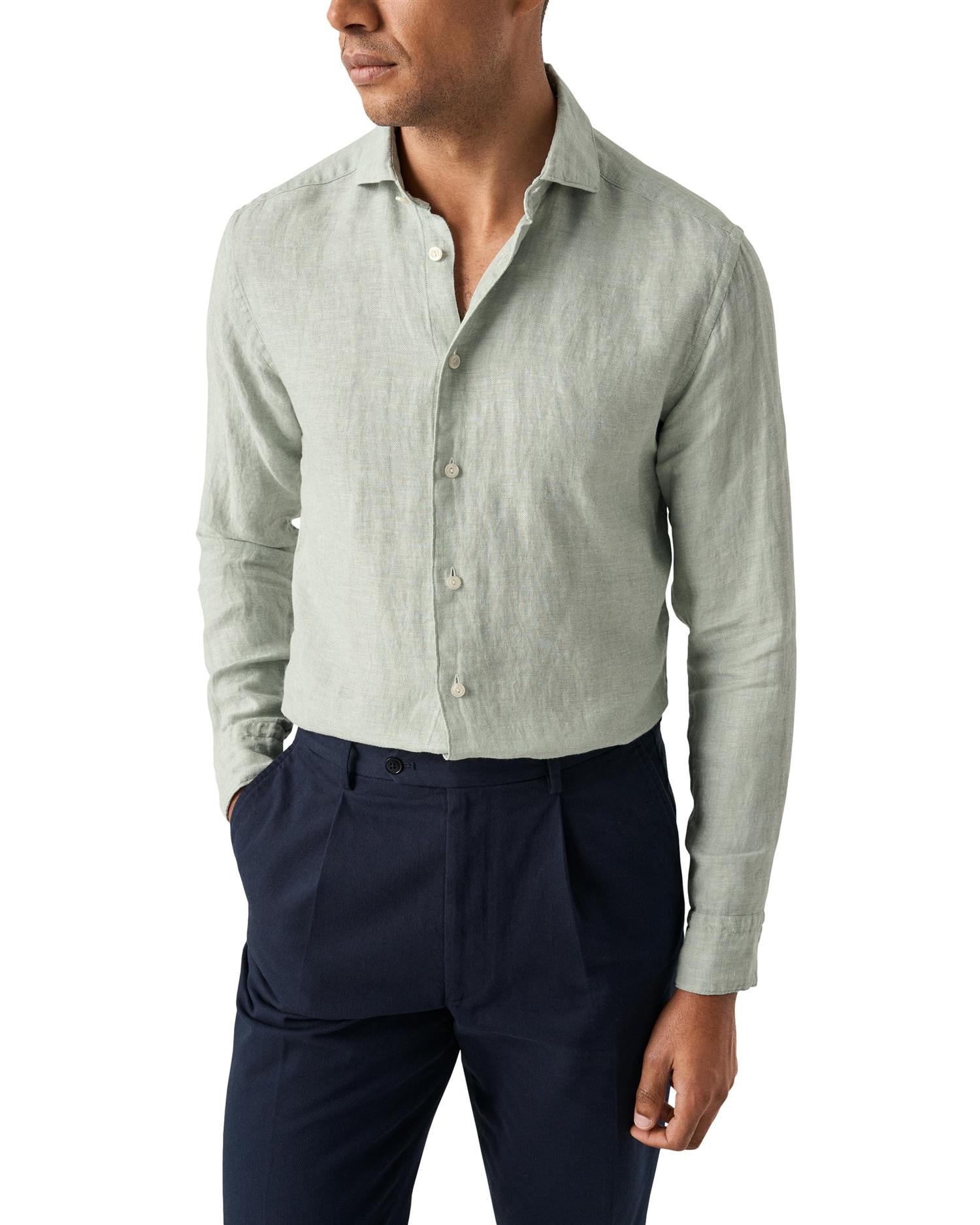 Eton Mid Green Solid Twill Linen Shirt Contemporay Fit Skjorte Lysegrønn