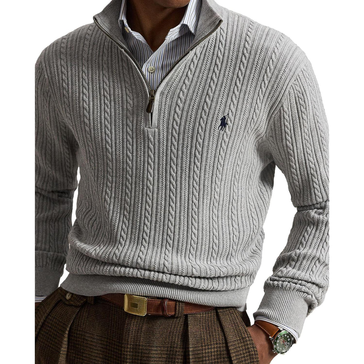 Polo Ralph Lauren Cable knit cotton mocknec sweater Genser Lysegrå