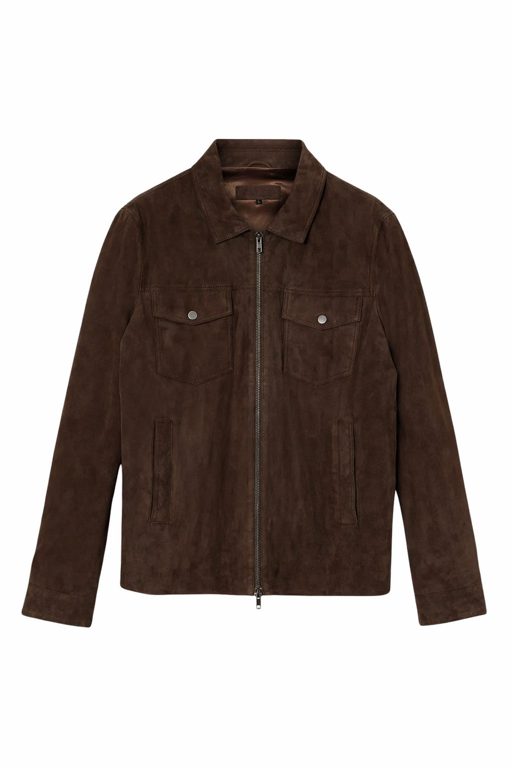 Brun skinnjakke fra The Product med glidelås og myk suederygg, vist på modell.