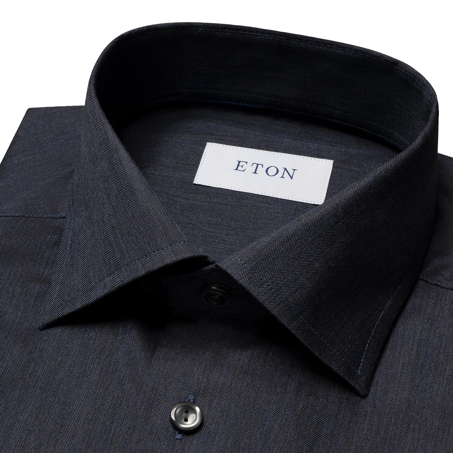 Eton Navy Blue Herringbone Wrinkle Free Flannel Shirt Skjorte Marine - chrismoa.no