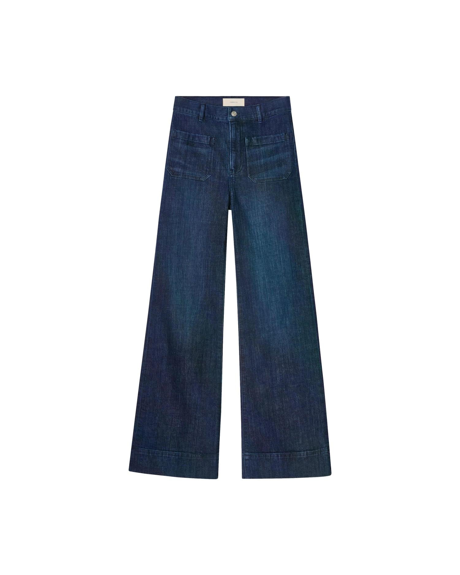 Mørkeblå Jeanerica St Monica jeans av bomull, nærbilde av klassisk jeansdesign og passform.
