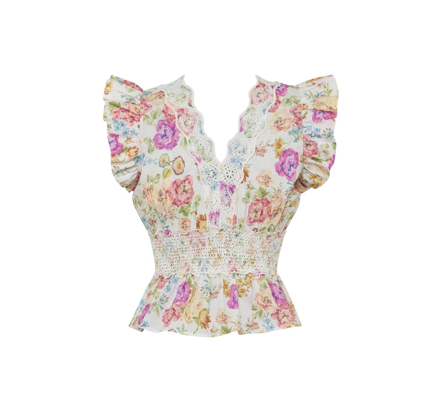 By TiMo cotton slub bluse med blomsterdesign og flounce-krage, lett og sommerlig for en feminin look.