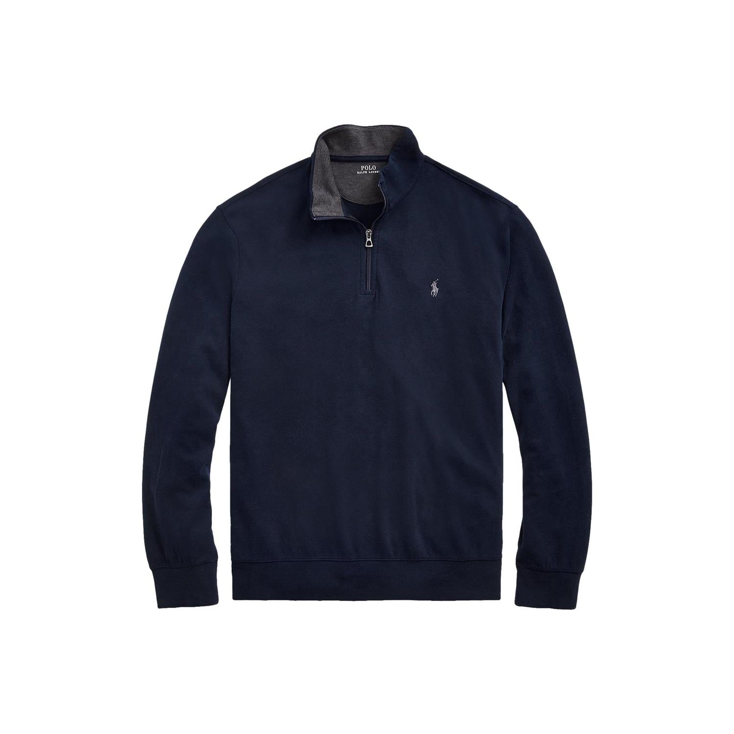 Marinefarget Polo Ralph Lauren luksuriøs jersey quarter-zip genser, nærbilde av mykt stoff og glidelåsdetaljer