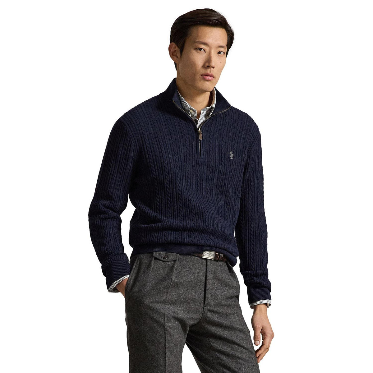 Polo Ralph Lauren Cable knit cotton mocknec sweater Genser Marine