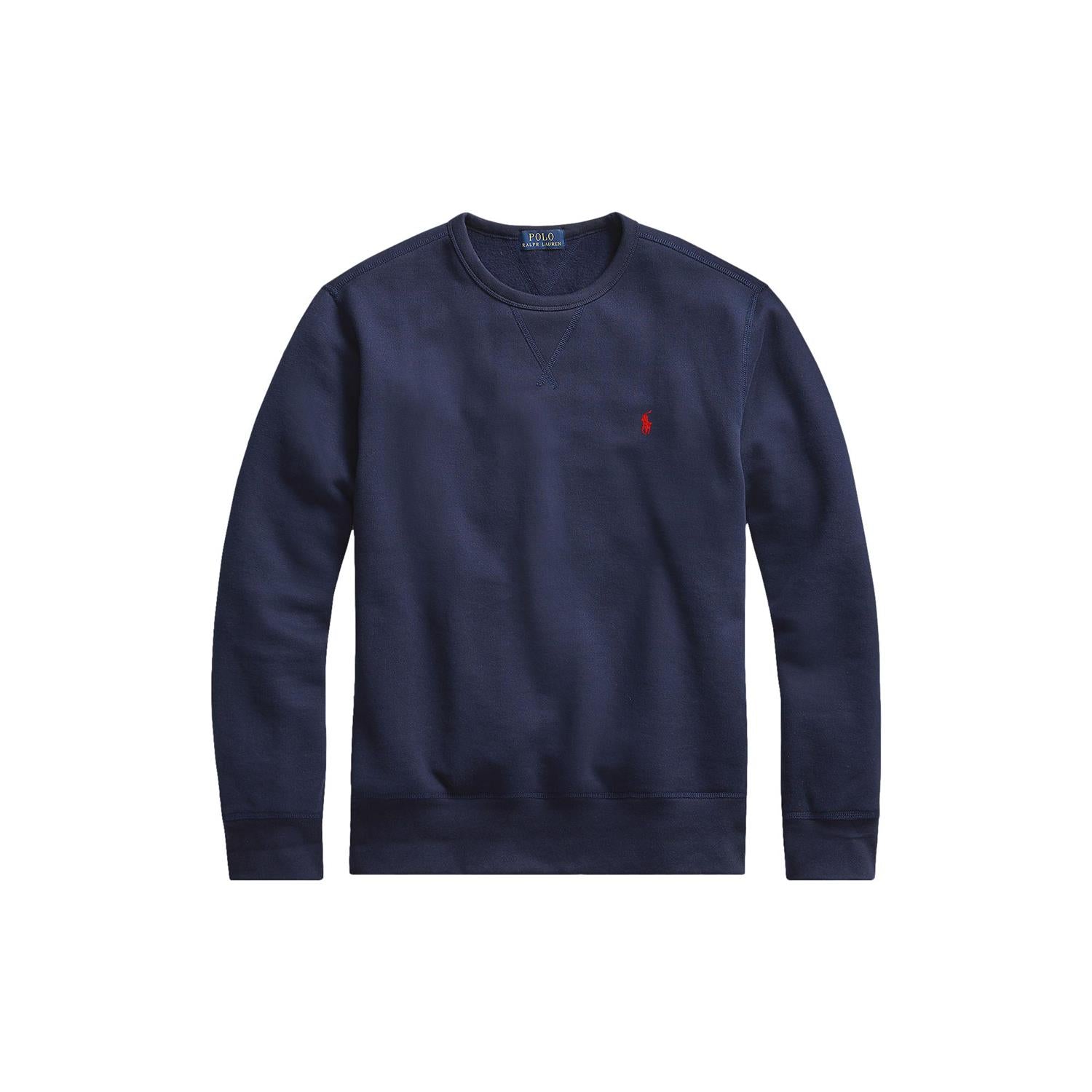 Marine blå Polo Ralph Lauren fleece crewneck genser med rund hals og mykt stoff, synlig på bildet.