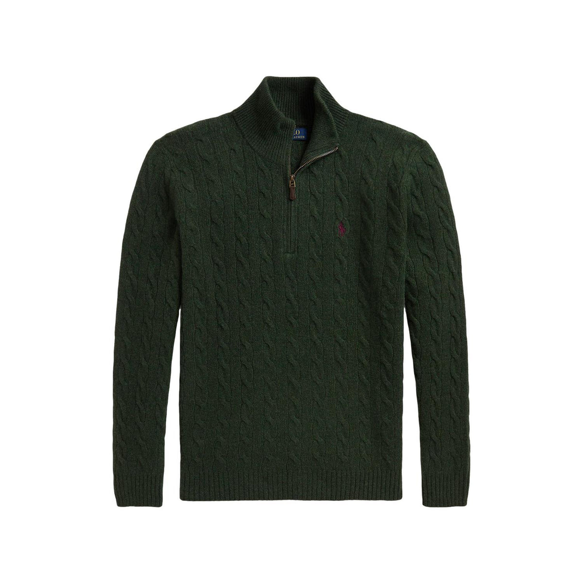 Grønn Polo Ralph Lauren ull-cashmere genser med kabelstrikk, nærbilde av tekstur og detaljene i stoffet.