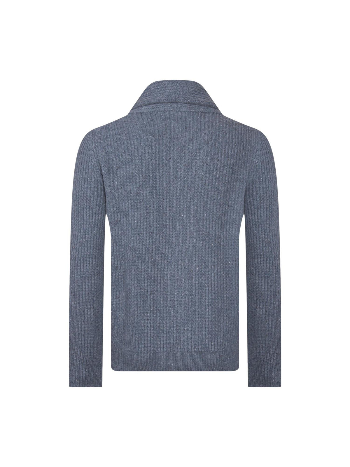 Blå Gran Sasso cardigan genser med mykt stoff og rund hals, vist på en modell foran en nøytral bakgrunn.