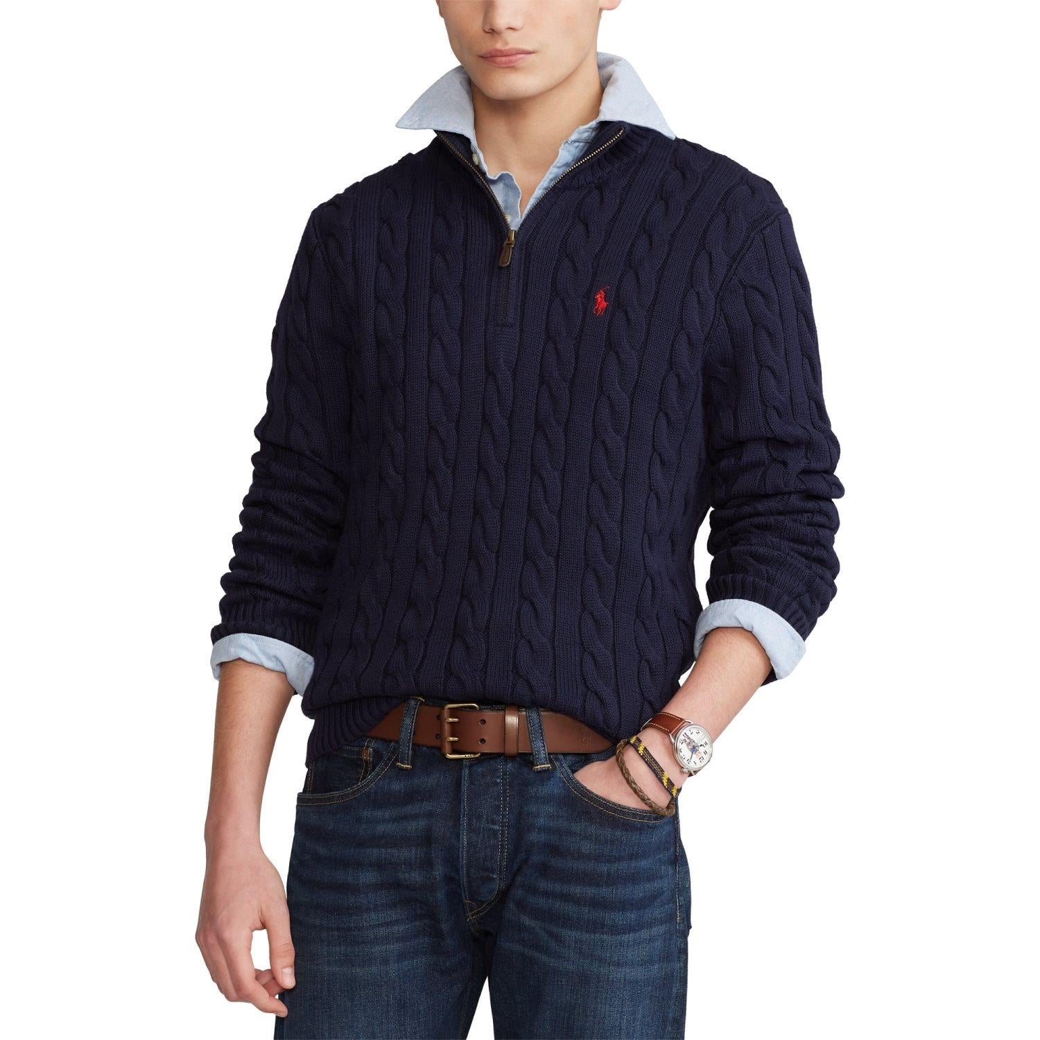 Polo Ralph Lauren Cable-Knit Cotton Quarter-Zip Sweater Genser Mørkeblå - chrismoa.no