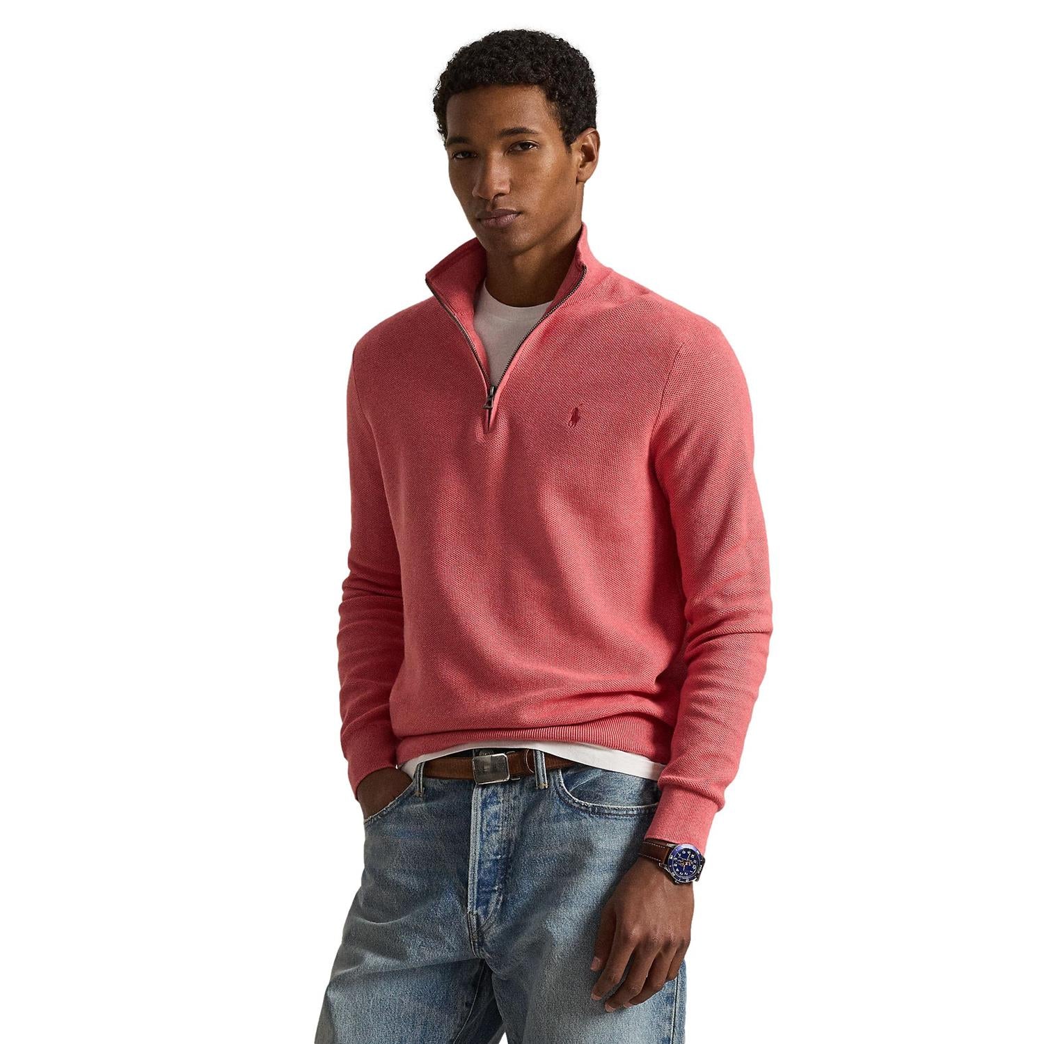 Polo Ralph Lauren Mesh-Knit Cotton Quarter-Zip Sweater Genser Pastellrød