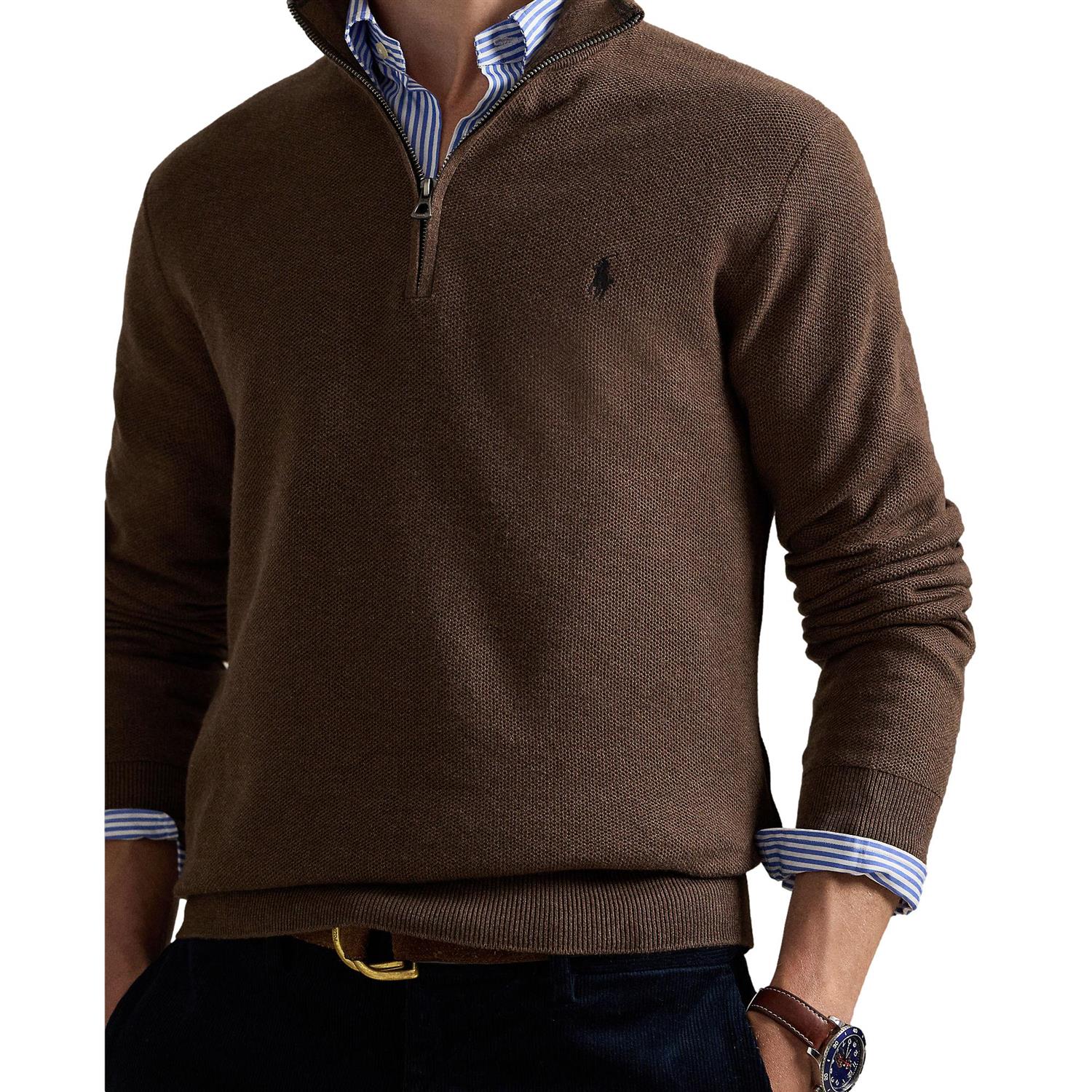 Polo Ralph Lauren Mesh-Knit Cotton Quarter-Zip Sweater Genser Brun - chrismoa.no