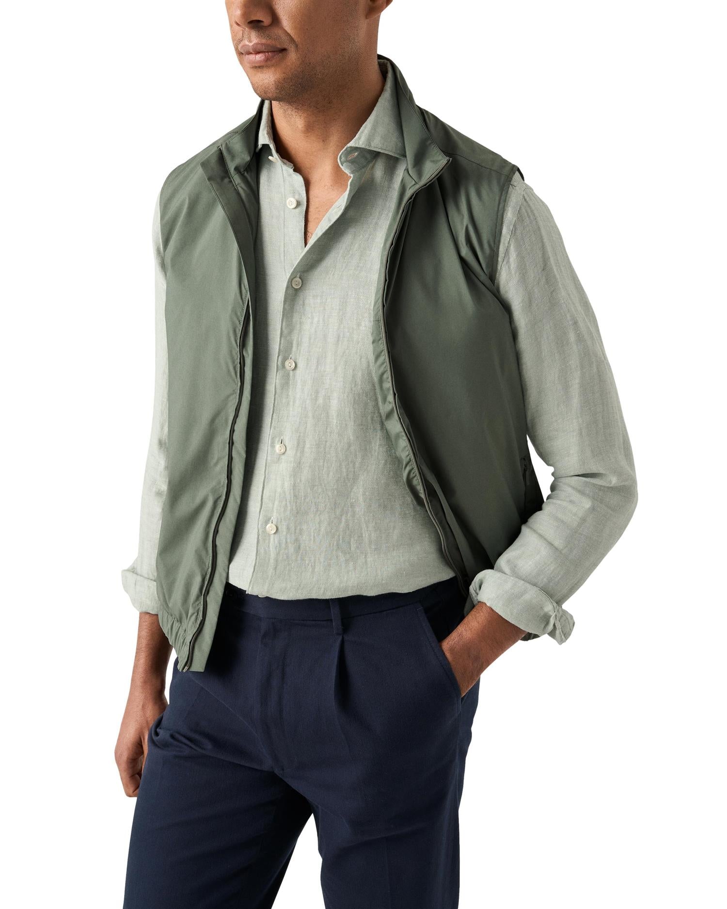 Eton Mid Green Solid Twill Linen Shirt Slim Fit Skjorte Grønn