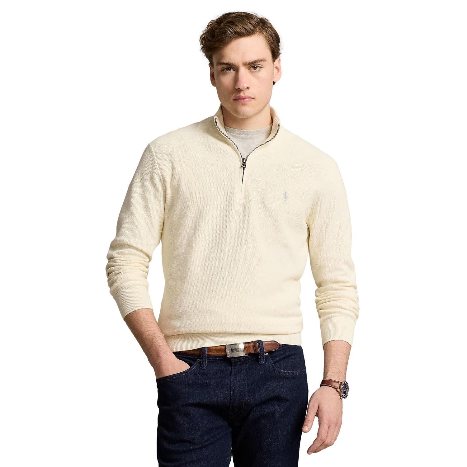 Polo Ralph Lauren Mesh-Knit Cotton Quarter-Zip Sweater Genser Off-White