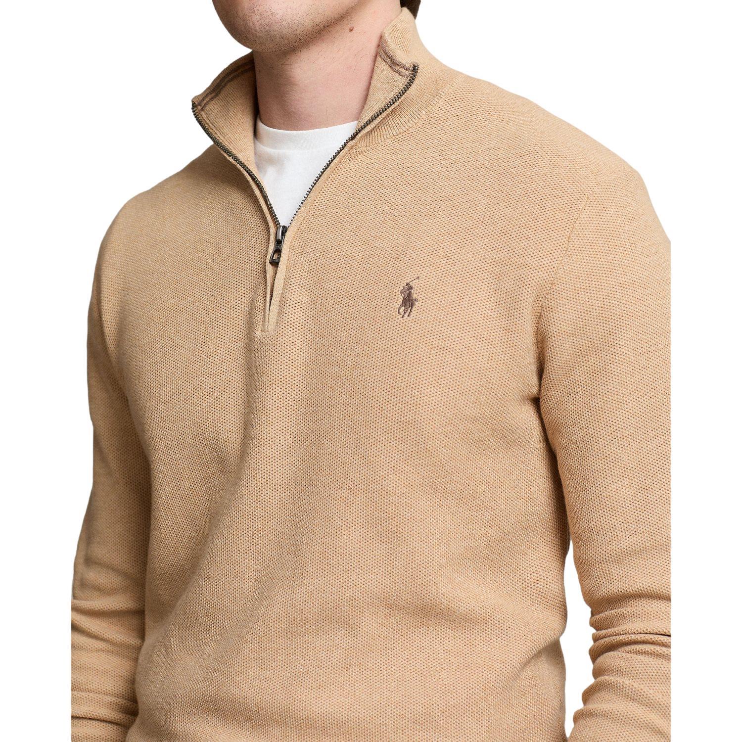 Polo Ralph Lauren Mesh-Knit Cotton Quarter-Zip Sweater Genser Camel