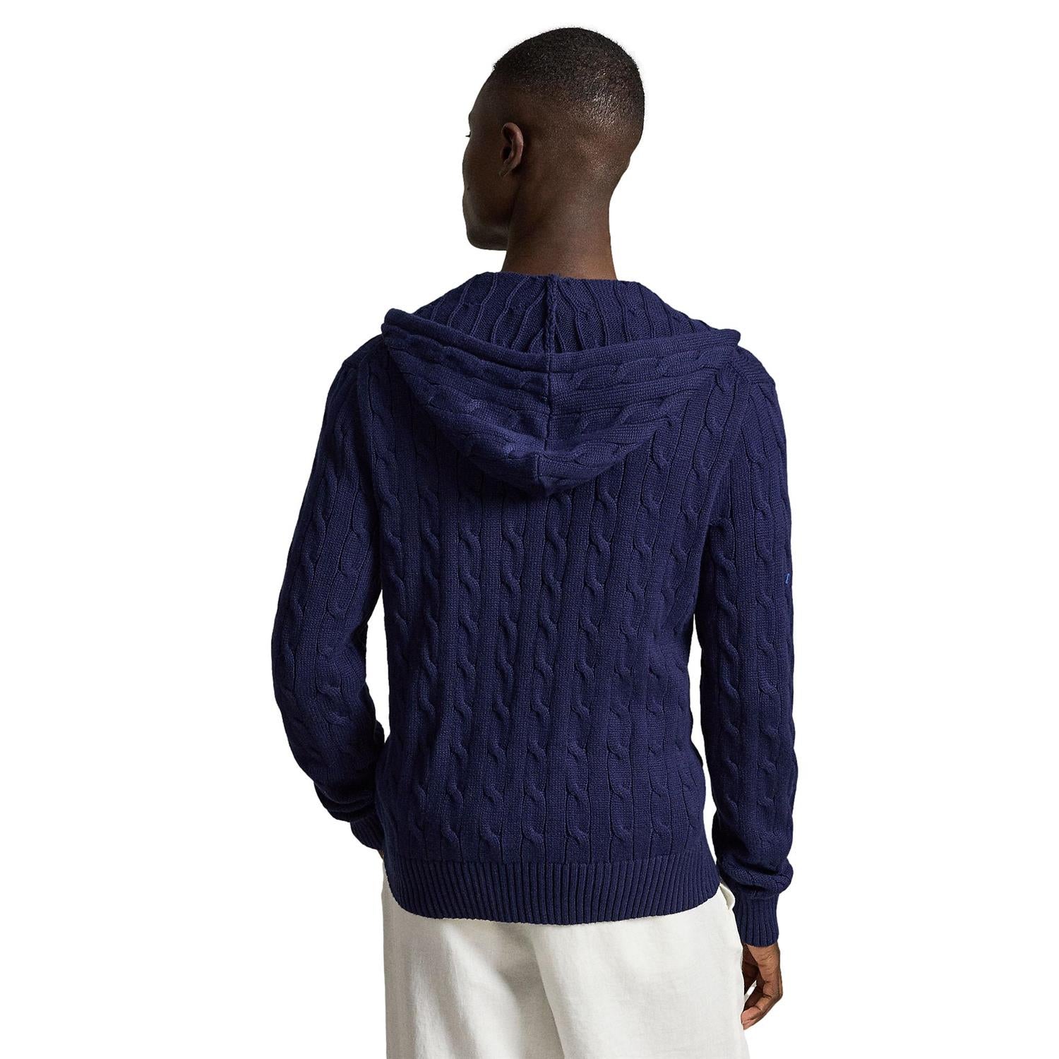 Marine blå kabelstrikket bomullshettegenser fra Polo Ralph Lauren med hette og ribbestrikkede detaljer