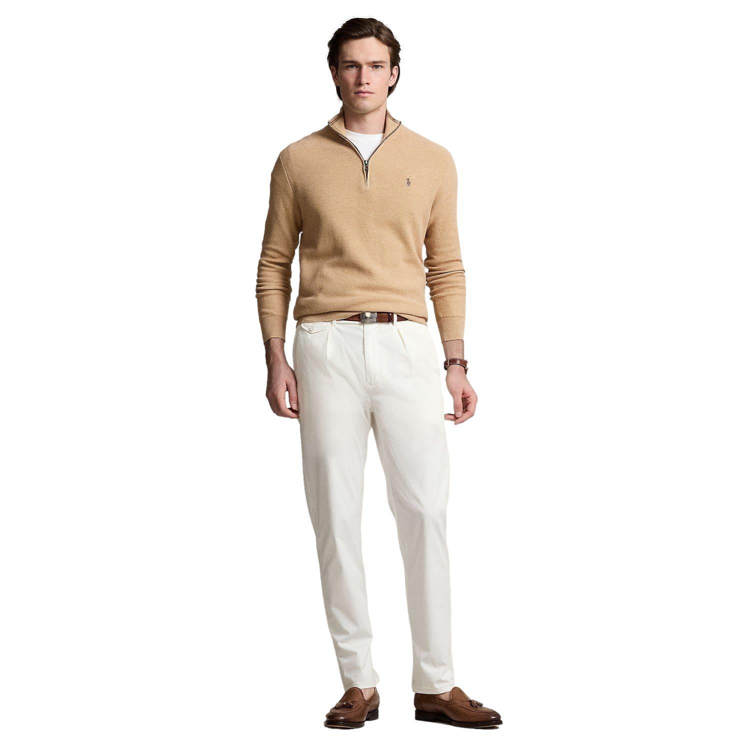 Polo Ralph Lauren Mesh-Knit Cotton Quarter-Zip Sweater Genser Camel