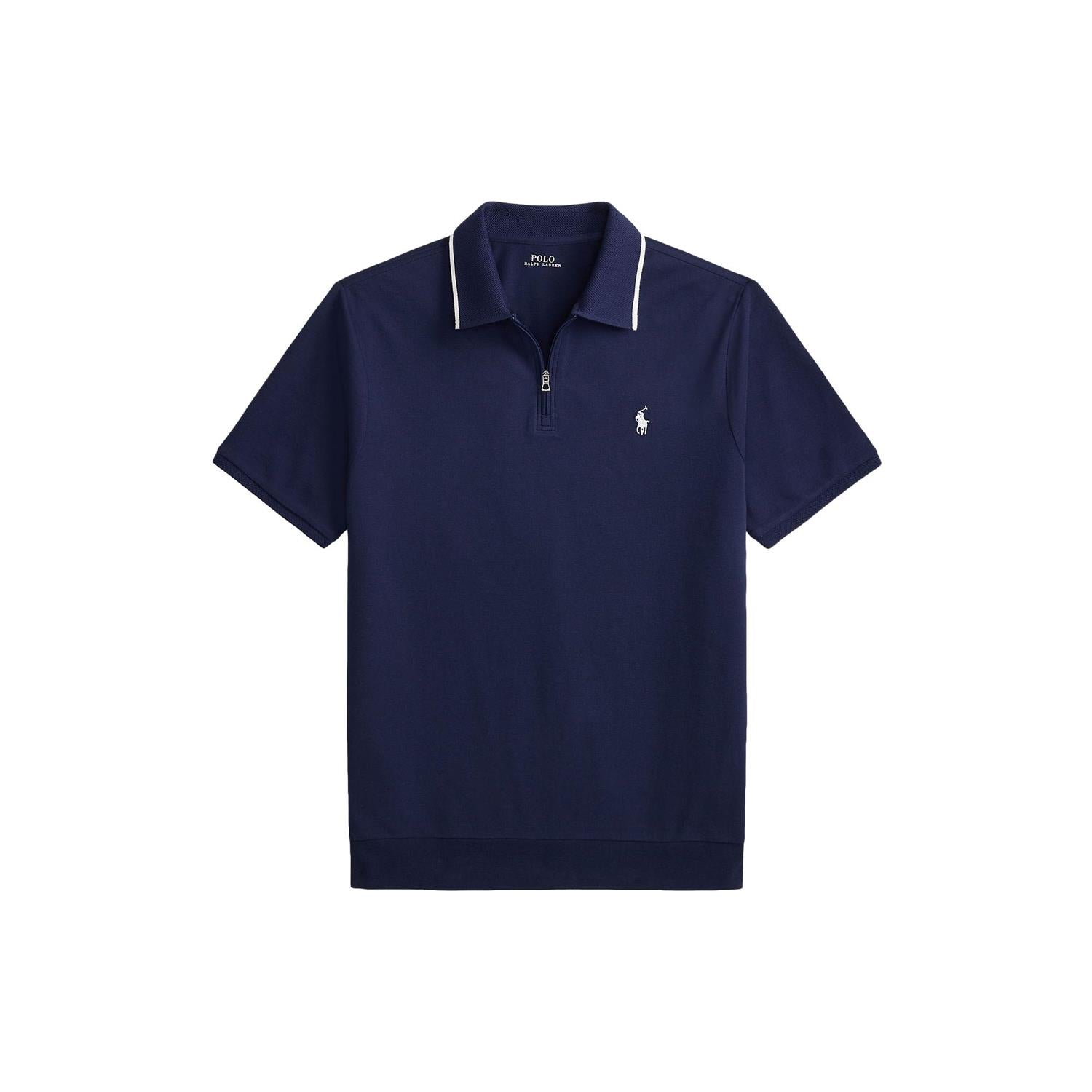 Marine farget Polo Ralph Lauren klassisk fit stretch mesh zip polo skjorte for menn, vist med glidelås og komfortabel passform