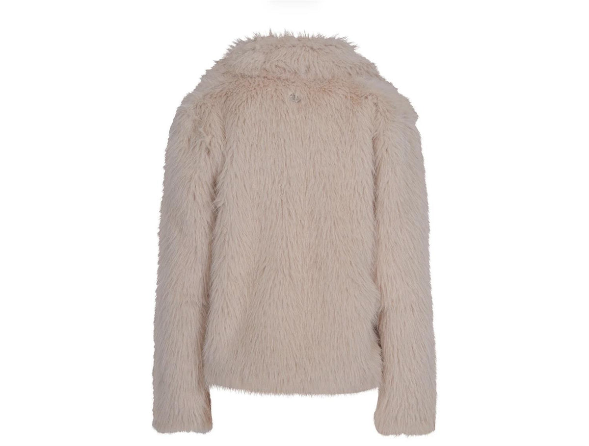 Beige Haust faux fur jakke med kort design, myk og varm pelsjakke for vinterbruk, vist på modellen.