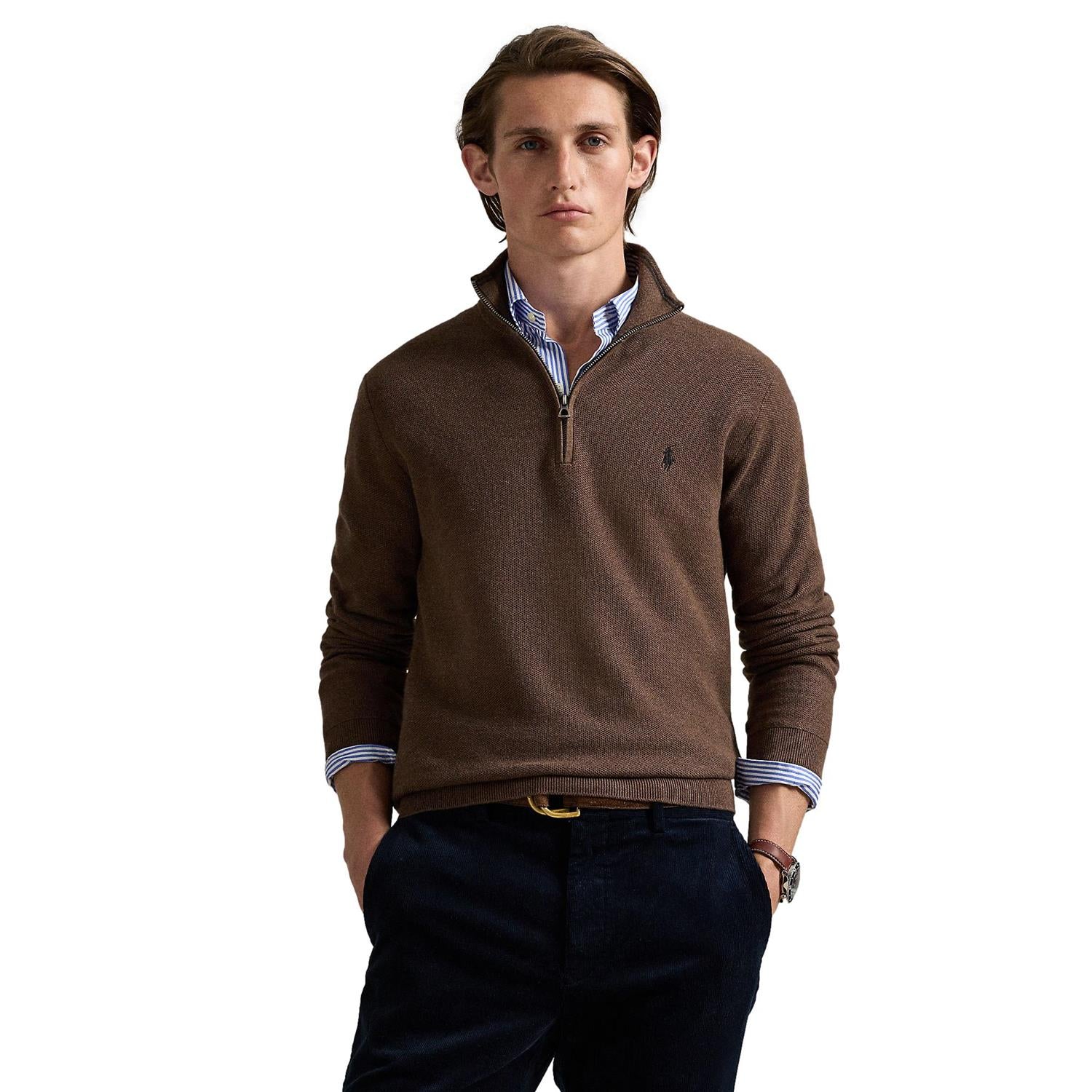 Polo Ralph Lauren Mesh-Knit Cotton Quarter-Zip Sweater Genser Brun - chrismoa.no