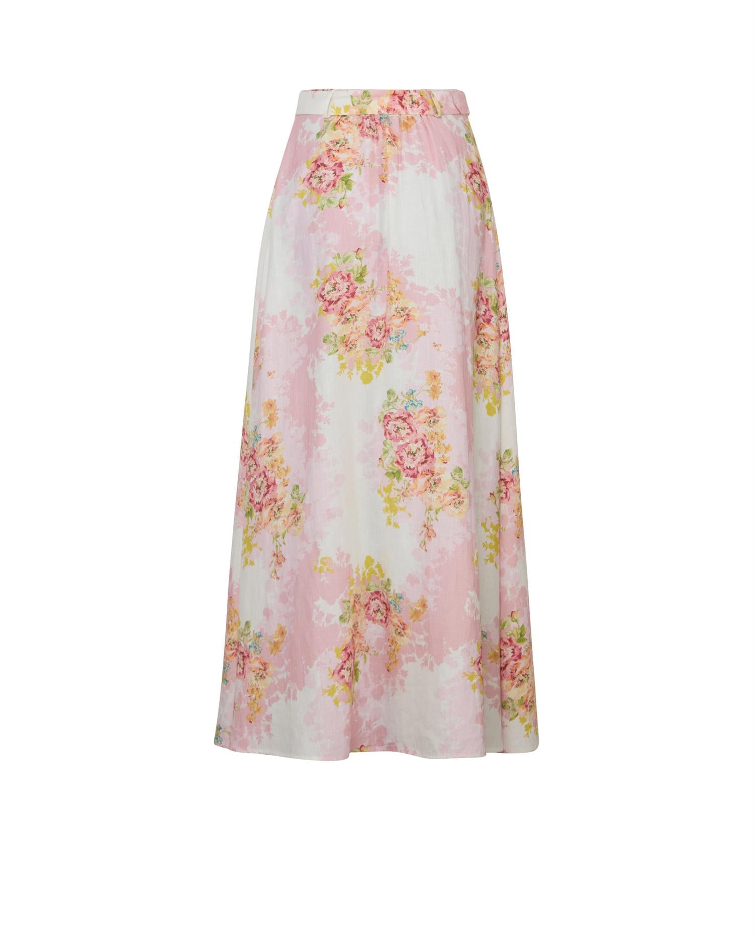 Lys rosa by TiMo linen maxi skjørt med flytende stoff og elastisk midje, vist på modell.