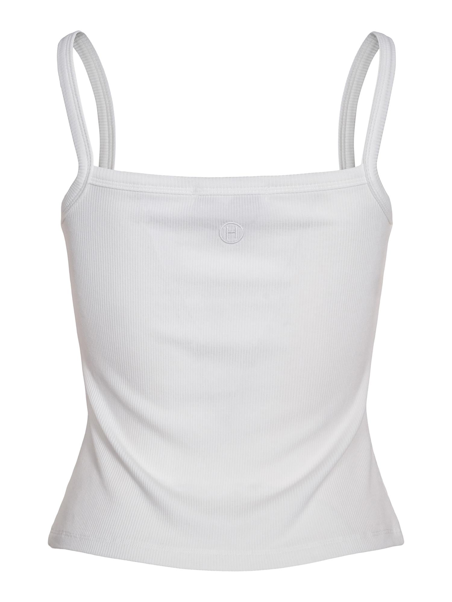 Hvit Haust Rib Singlet T-Shirt vist på modell, mykt bomullsstoff, enkel design, rund hals, komfortabel passform