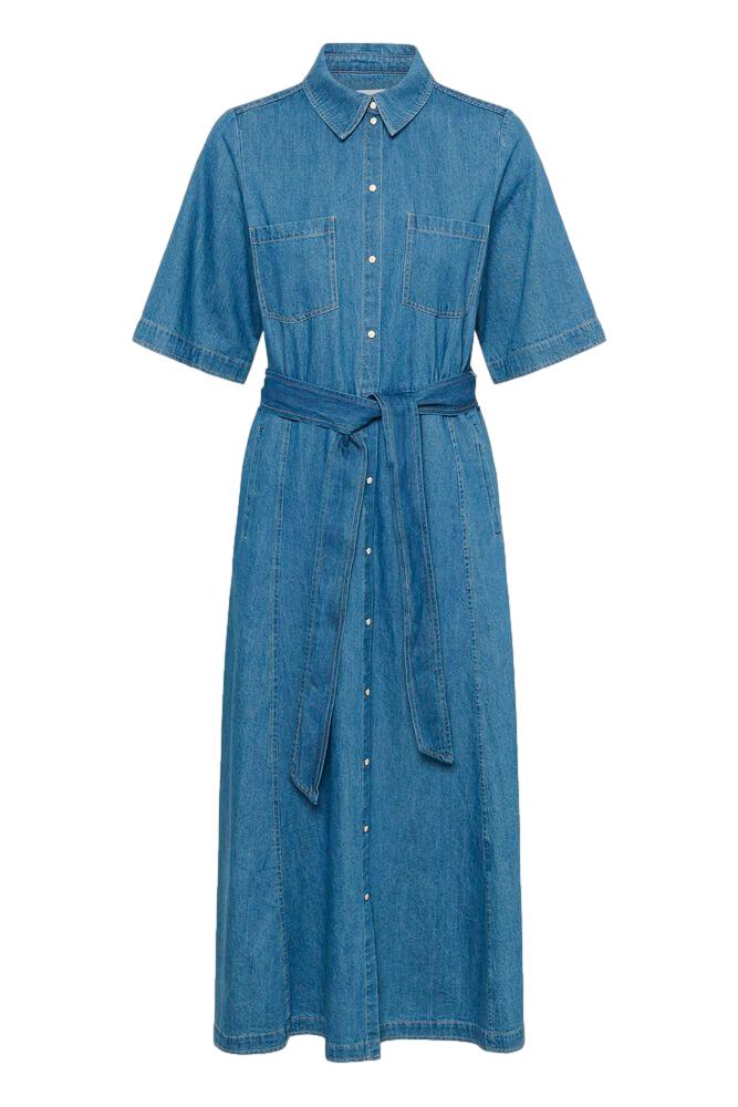 Part Two AmaPW denimkjole med rett passform og korte ermer, vist på modell i en lys denimfarge.
