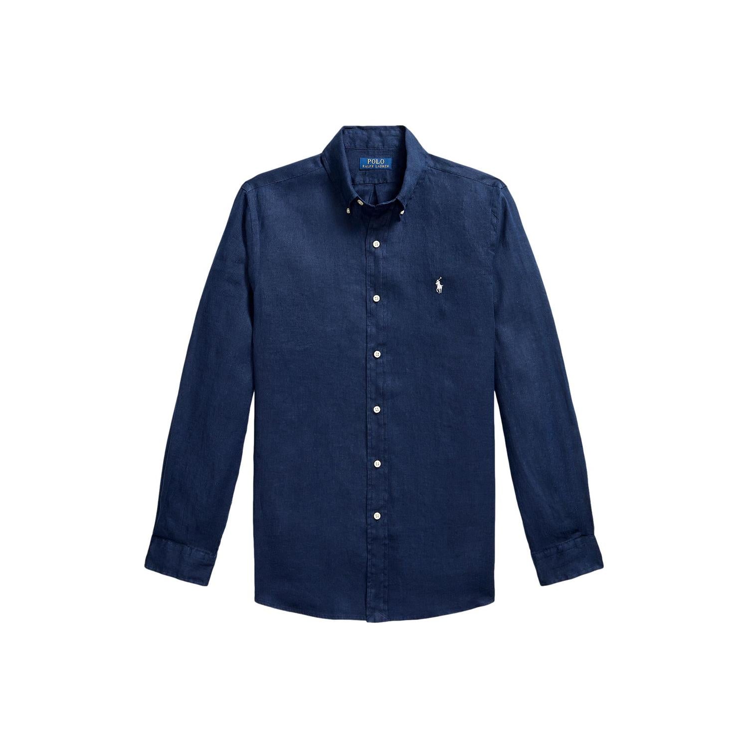 Marine blå Polo Ralph Lauren lin-skjorte i tilpasset passform, laget av lin for komfort og stil.
