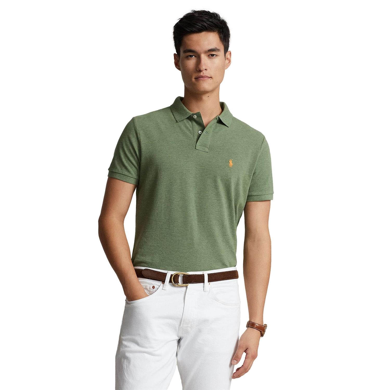 Grønn Polo Ralph Lauren mesh polo skjorte i slim fit, nærbilde av stoff og knappelukking.