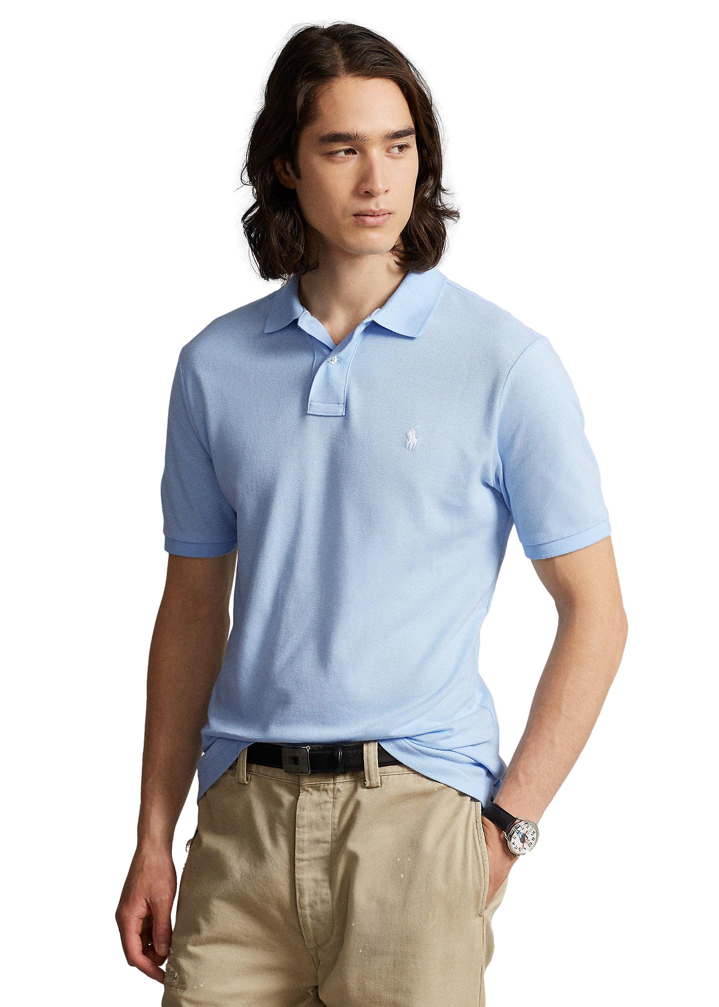 Lyseblå Polo Ralph Lauren slim fit mesh polo T-skjorte med klassisk krage og knappestolpe.