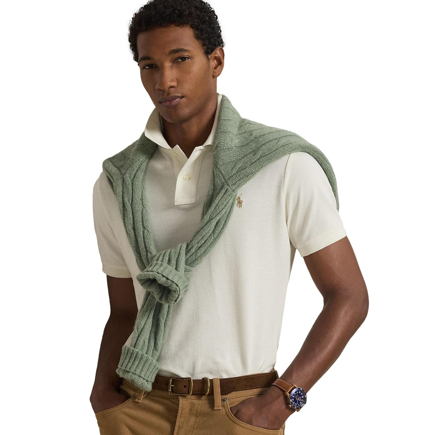 Polo Ralph Lauren Custom Slim Fit Mesh Polo T-Shirt Off-White - chrismoa.no