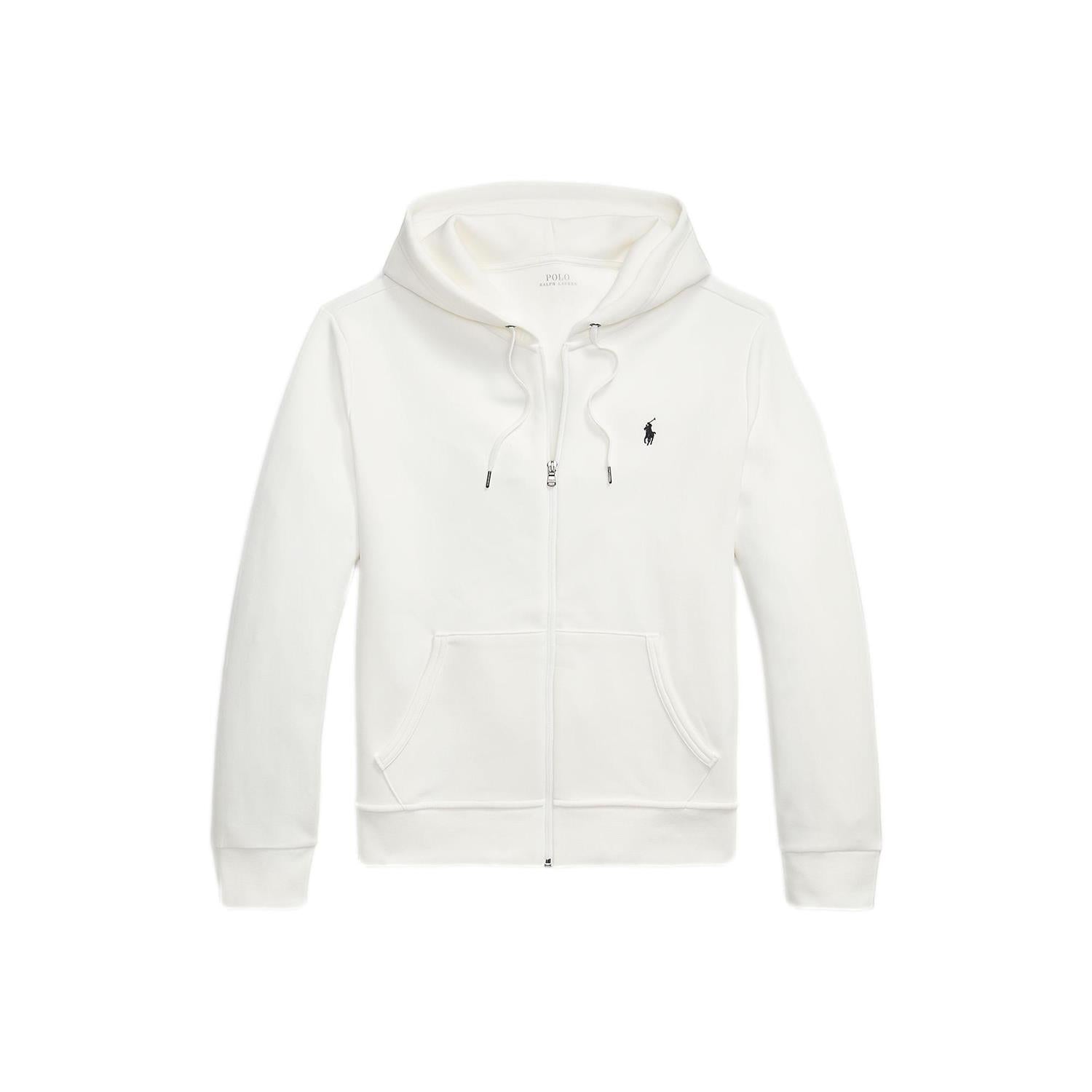 Hvit Polo Ralph Lauren dobbeltstrikk zip-up hoodie genser med hette, laget av komfortabelt materiale, vist i bilde.