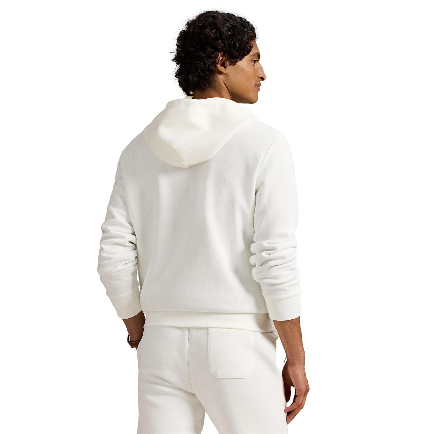 Hvit Polo Ralph Lauren dobbeltstrikket full-zip hettegenser med hette og ribbede kanter, laget av mykt materiale.
