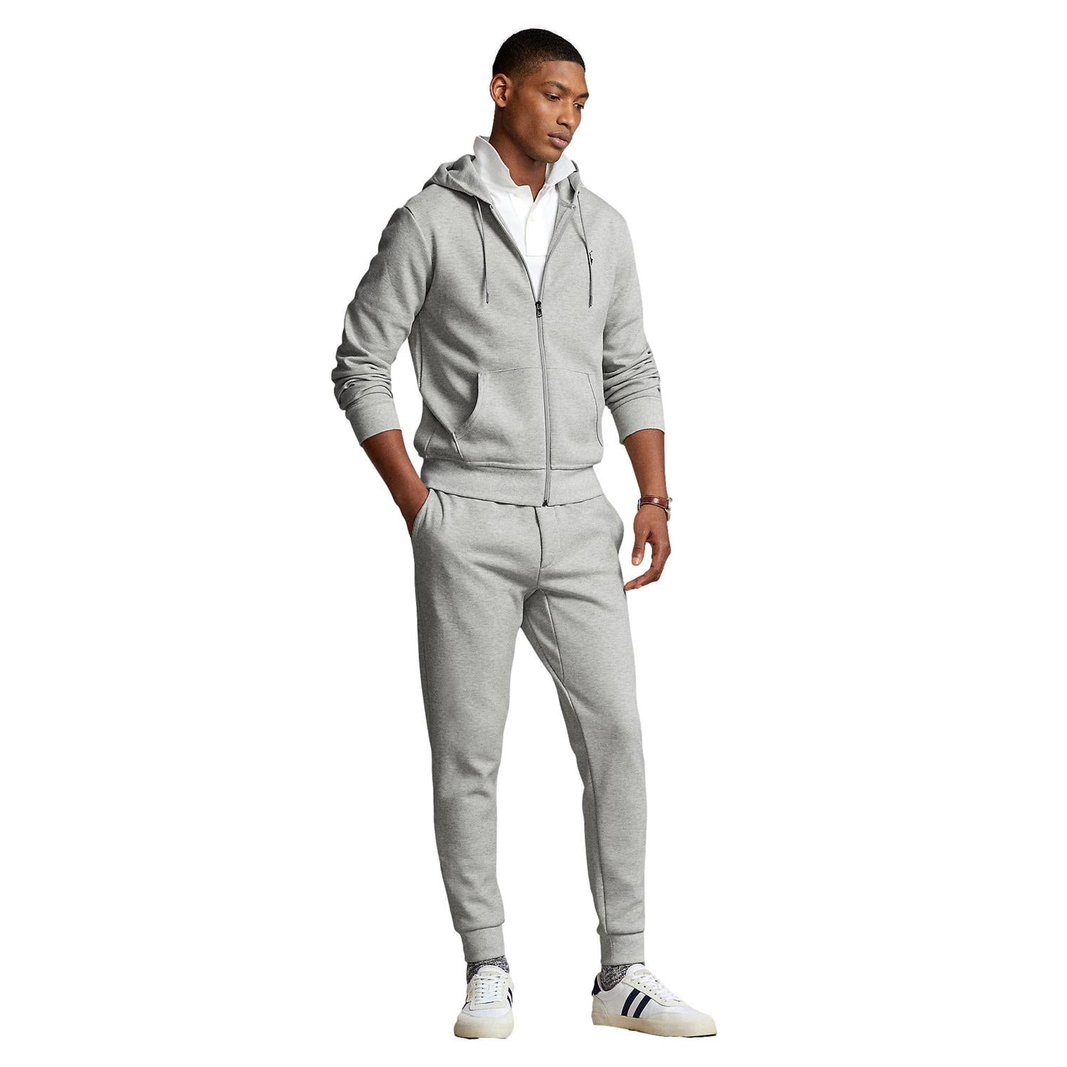 Polo Ralph Lauren grå genser med full zip, dobbeltstrikket hoodie, komfortabelt og stilfullt for menn.