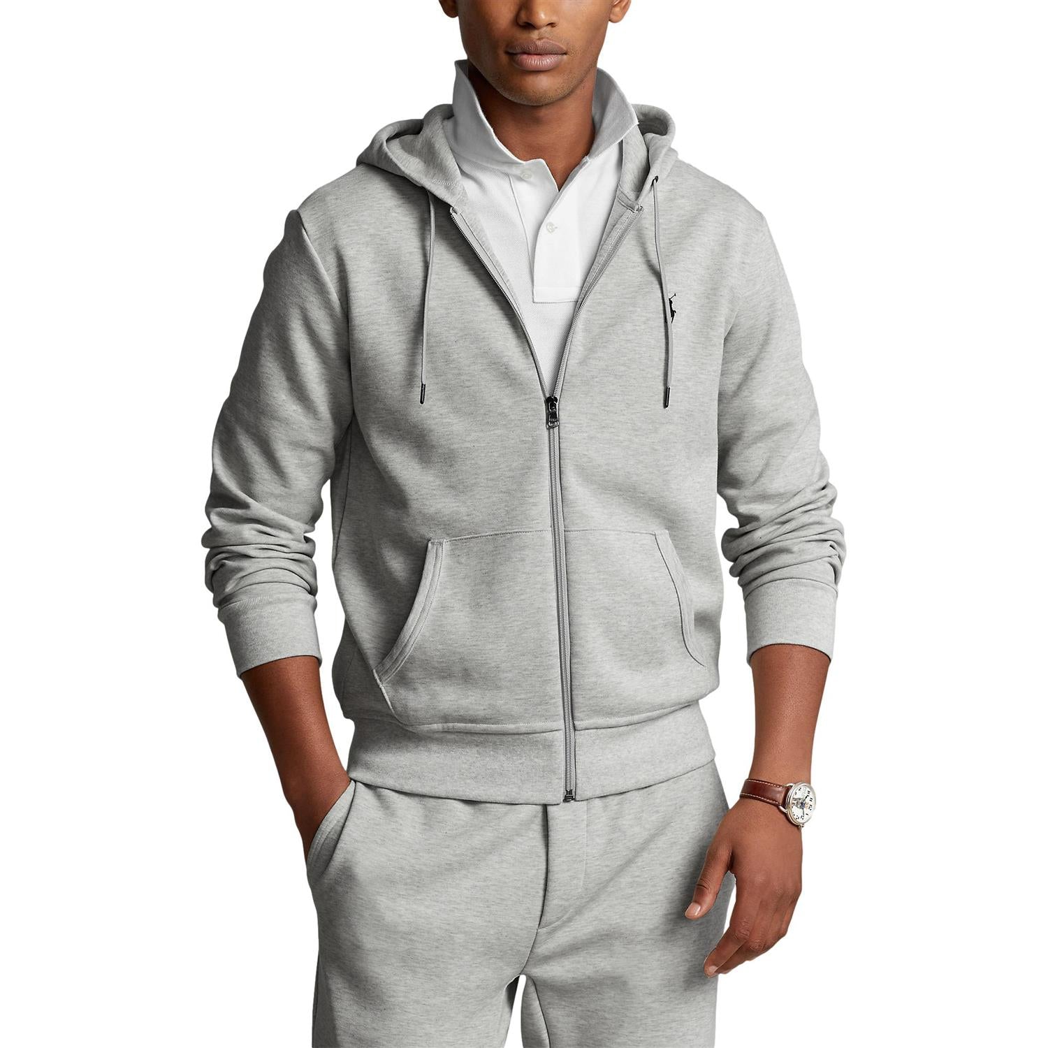 Polo Ralph Lauren grå dobbeltstrikket full zip hoodie, komfortabel genser med glidelås, vist på bilde.