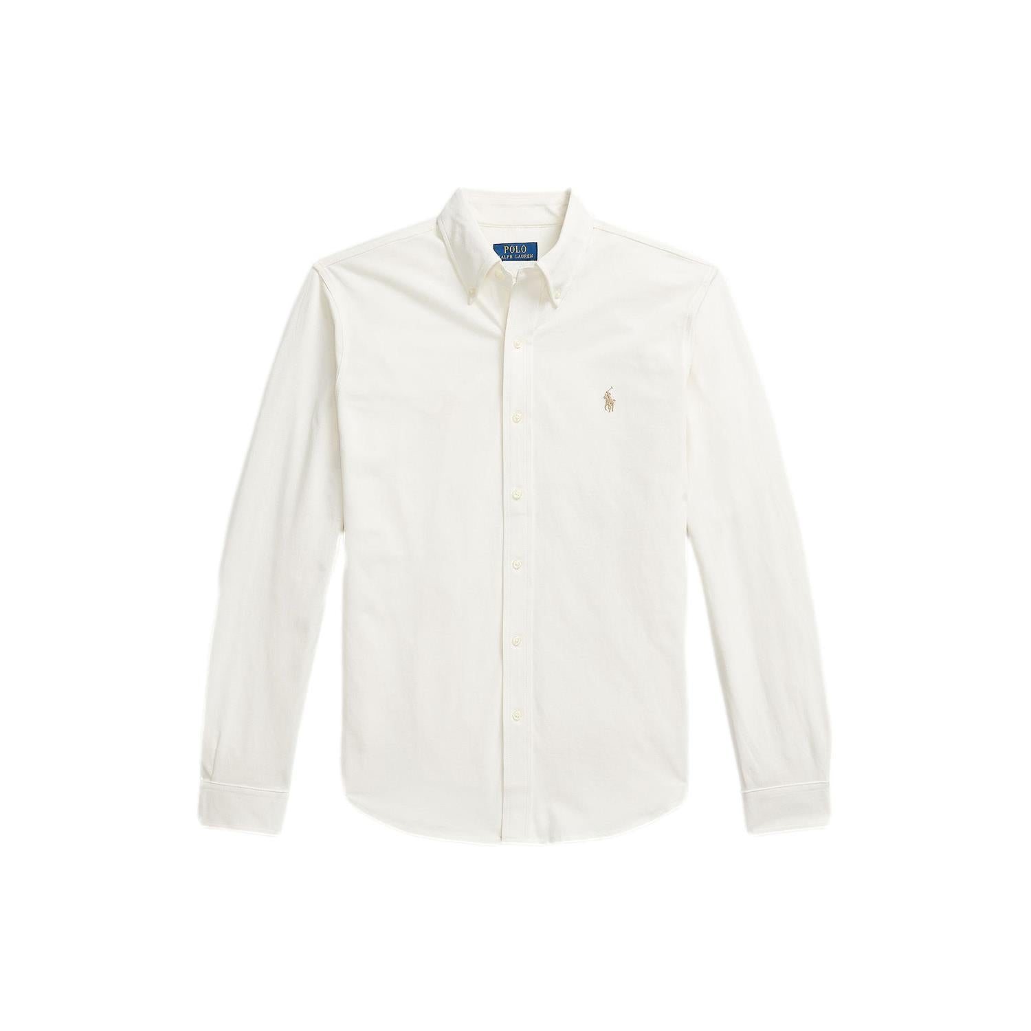 Polo Ralph Lauren Featherweight Mesh Skjorte i kremfarge med lett, pustende stoff og klassisk krage, vist i bilde.