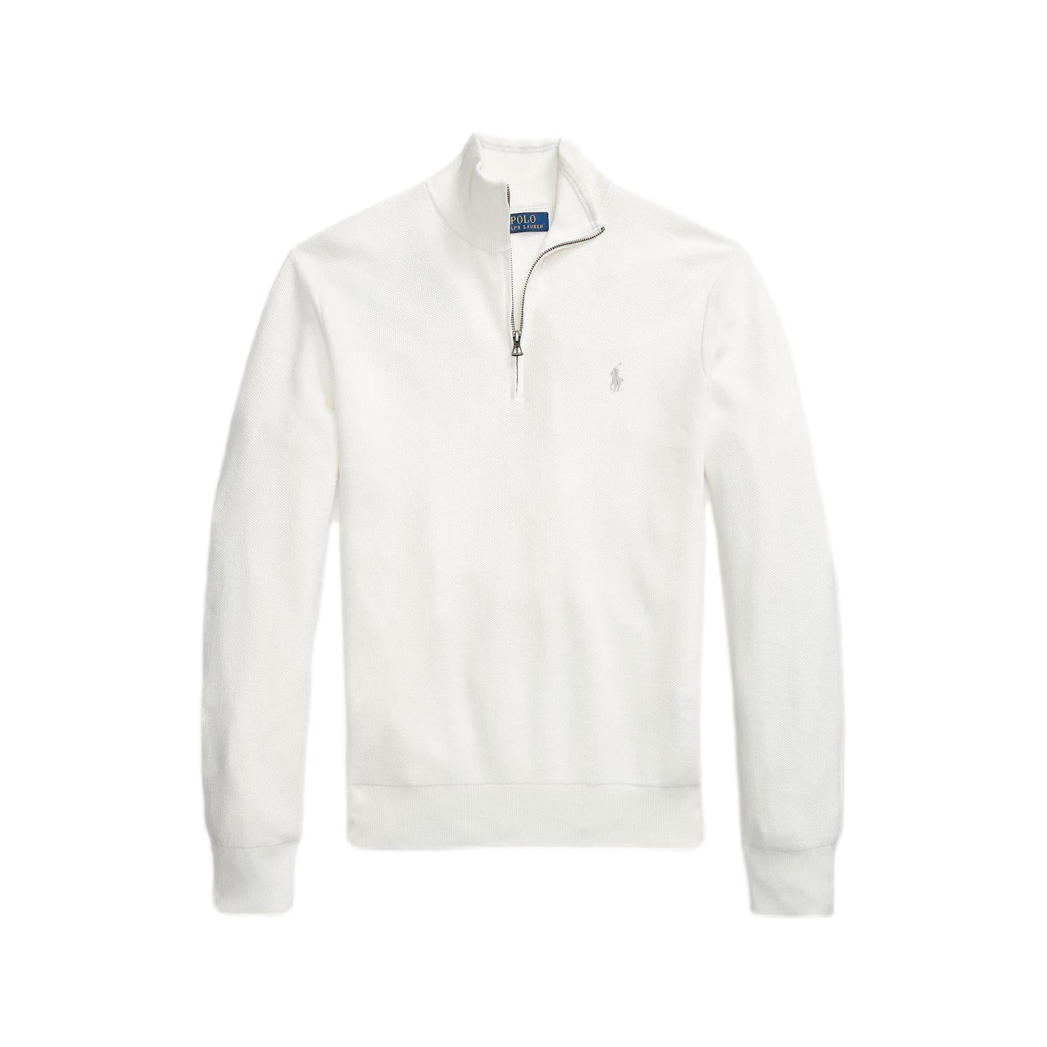 Hvit Polo Ralph Lauren mesh-strikket bomullsgenser med quarter-zip og rund hals, sett forfra.