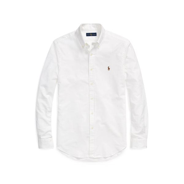 Hvit Polo Ralph Lauren Oxford slim fit skjorte med krage og knappelukking, egnet for formelle og uformelle anledninger.